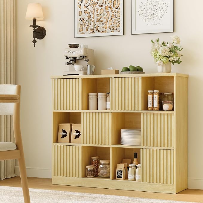 iPormis 12 Cube Bookcase with 6 Fluted Sliding Doors, 3 Tier Wooden Bookshelf - Image 3