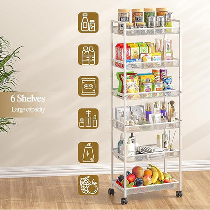 6 Tier Slim Rolling Storage Cart, Narrow Mobile Shelving Unit Organizer Utility - Image 7
