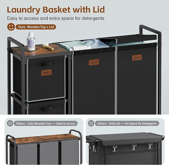 Hoctieon 4 Section Laundry Cart, 48 Gal. Laundry Hamper - Image 3