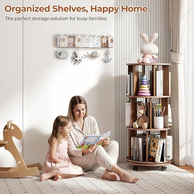 3-Tier Rotating Bookshelf on Wheels, 360° Spinning Bookshelf Tower, Round - Image 8