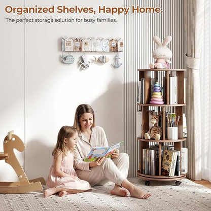 3-Tier Rotating Bookshelf on Wheels, 360° Spinning Bookshelf Tower, Round - Image 8