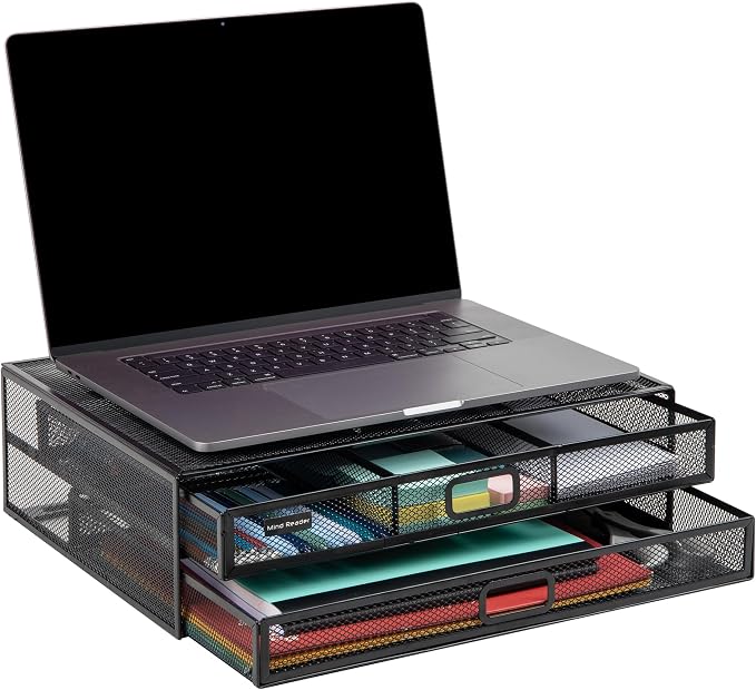 Mind Reader Monitor Stand, Ventilated Laptop Riser, Storage Drawer, Metal Mesh - Image 5