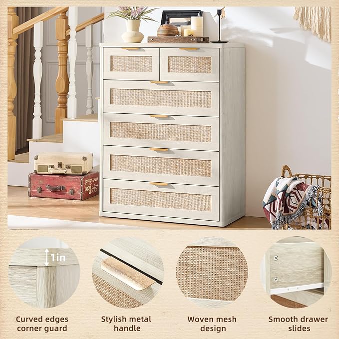 LEYAOYAO White Dresser for Bedroom Set of 2, Modern 6 Drawers Boho Rattan - Image 5