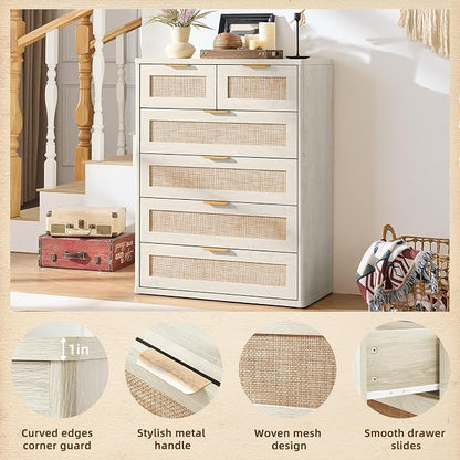 LEYAOYAO White Dresser for Bedroom Set of 2, Modern 6 Drawers Boho Rattan - Image 5