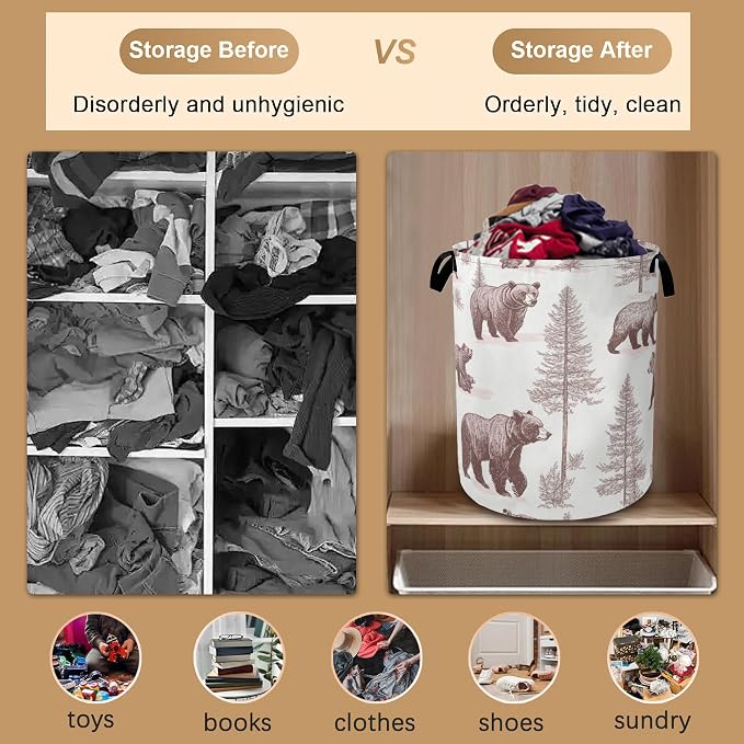 Large Laundry Basket, Retro Bear Collapsible Laundry Baskets, Forest Printed - Image 5