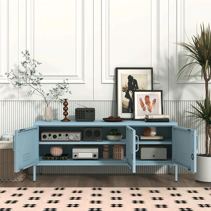 Lockable 3-Door Ocean Blue Metal TV Cabinet, Industrial Low Profile Steel Media - Image 8
