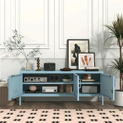 Lockable 3-Door Ocean Blue Metal TV Cabinet, Industrial Low Profile Steel Media - Image 8