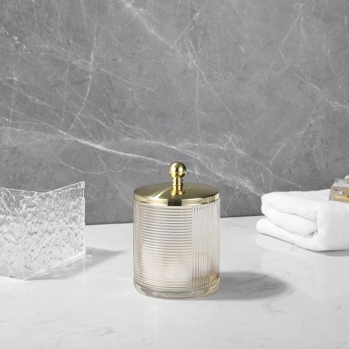 Tan Colored Tranlucent Apothecary Ribbed Geometric Etched Glass Jar W/Gold - Image 9