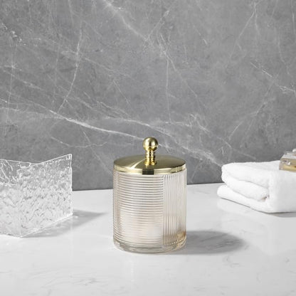 Tan Colored Tranlucent Apothecary Ribbed Geometric Etched Glass Jar W/Gold - Image 9