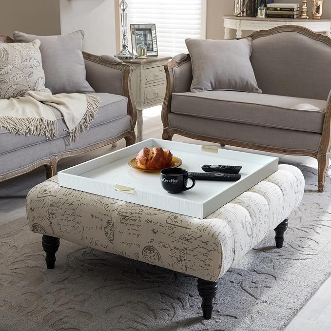 HofferRuffer Extra Large Square Serving Tray, Elegant Faux Leather Ottoman Tray - Image 6