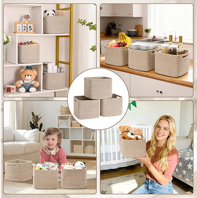 3 Pack Cube Storage Bin, 9”x9”x7” Cotton Rope Woven Baskets - Image 9