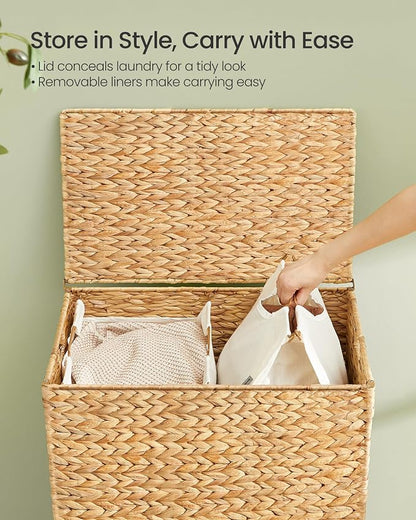 SONGMICS Laundry Hamper 2 Sections, 34.3 Gal. Handwoven Water Hyacinth Wicker - Image 4