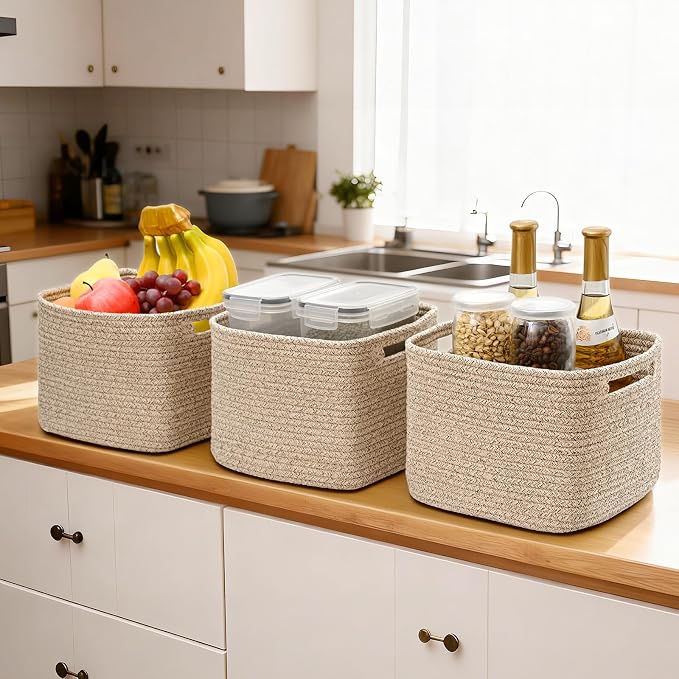 3 Pack Cube Storage Bin, 9”x9”x7” Cotton Rope Woven Baskets - Image 5