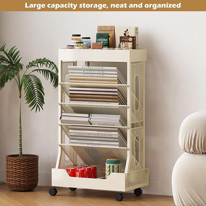 Book Cart with Wheels Mobile Bookshelf Rolling Bookshelf Organizer Bookcase - Image 7