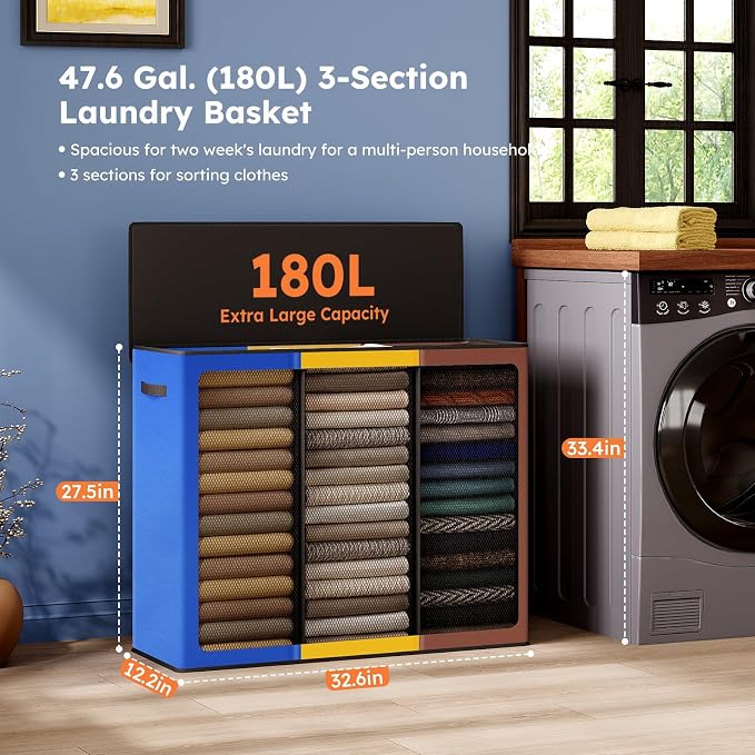SOLEDI 180L Laundry Hamper 3 Section, Extra Large Laundry Hamper - Image 2