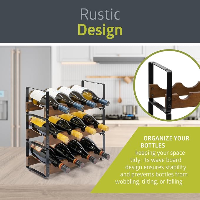 Pearington 12 Bottle Stackable Wine Rack, Rustic 3-Tier Solid Acacia Wood and - Image 3