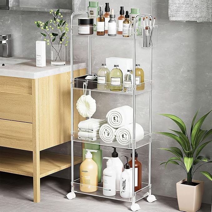 SPACEKEEPER Acrylic Rolling Storage Cart 4 Tier Clear Bathroom Cart Organizer - Image 6
