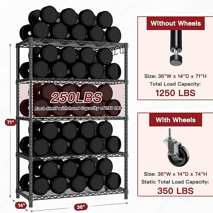 PrimeZone 74''H Wire Shelving 1250lbs 5 Tier Storage Shelves - Image 3