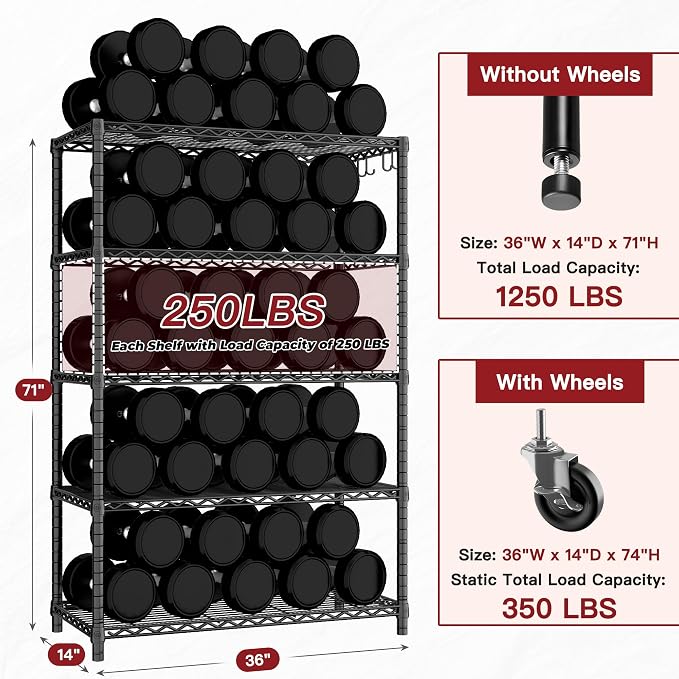PrimeZone 74''H Wire Shelving 1250lbs 5 Tier Storage Shelves - Image 3