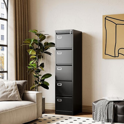 File Cabinets - 5 Drawers Vertical 17.8" Deep Lockable Filing Cabinet - Black & - Image 6