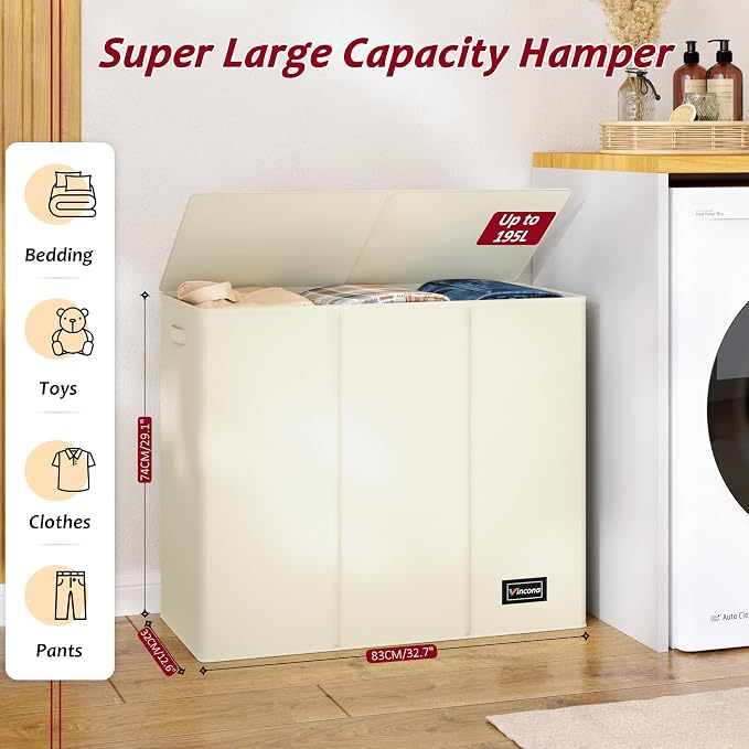 195L Laundry Hamper 3 Section, Large Laundry Hamper - Image 2