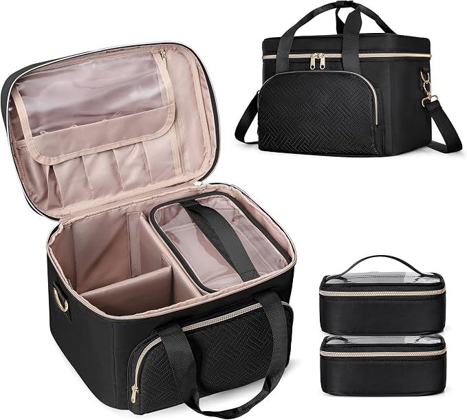 Travel Makeup Bag with 2 Pouches and Adjustable Dividers, Large Cosmetic Case by Prokva