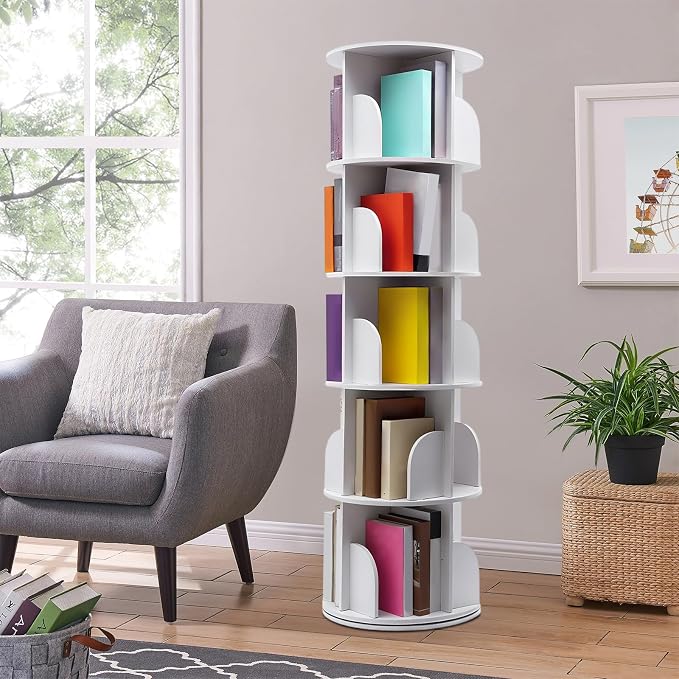 5 Tier Rotating Bookshelf Tower, 360°Spinning Bookshelf Tower, Round Revolving by HAPPCUCOE