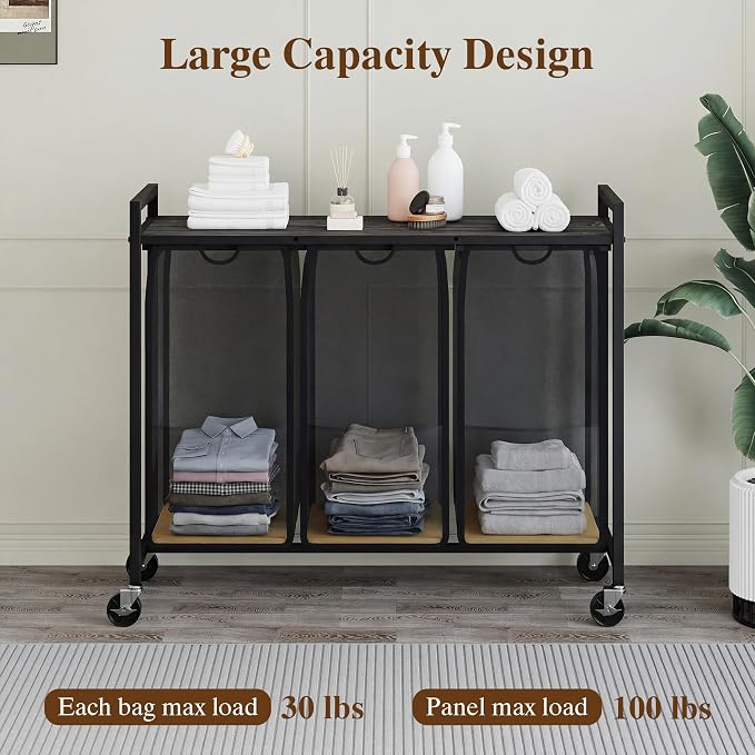 3-Section Laundry Hamper with Shelf, Pull-Out Removable 12.8 gal Bags, Metal - Image 3