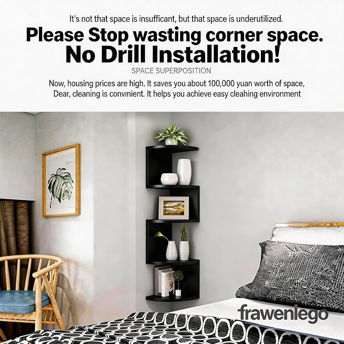 No-Drill Corner Shelf Wall Mount, 5-Tier Floating Corner Bookshelf - Image 4