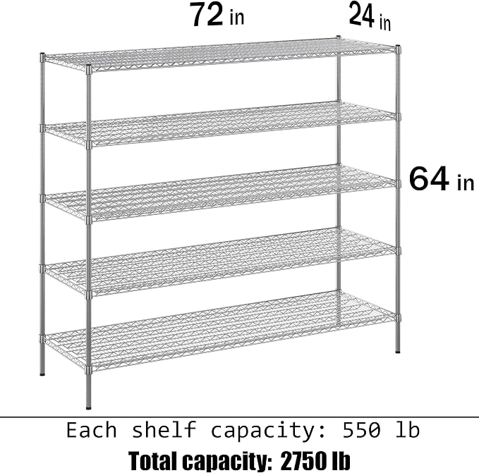 24" Deep x 72" Wide x 64" Height Wire Shelving Kit | 5-Tier | NSF Commercial - Image 3