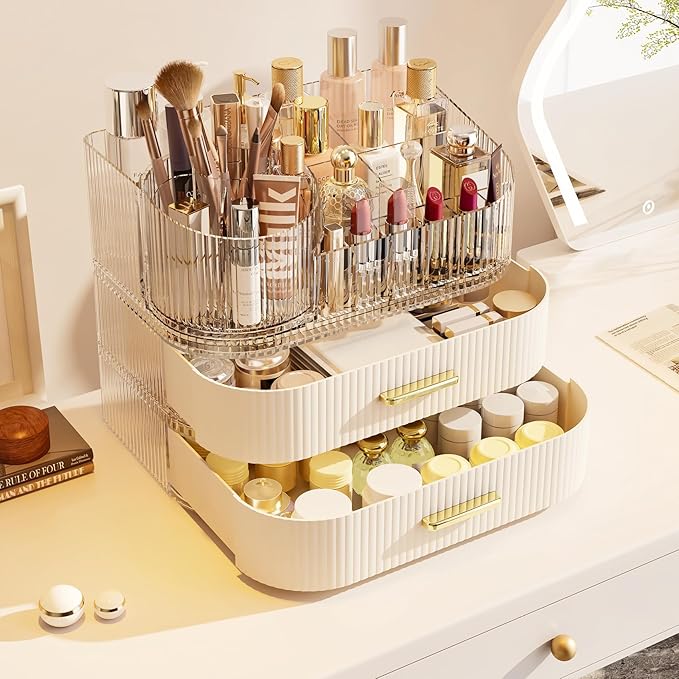Makeup Organizer with 360 Rotating Brush Holder and Stackable Drawers, Cosmetic - Image 3