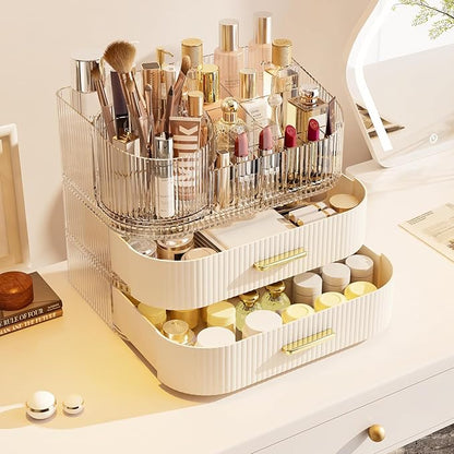 Makeup Organizer with 360 Rotating Brush Holder and Stackable Drawers, Cosmetic - Image 3