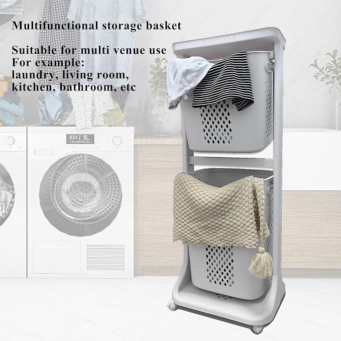 Laundry Basket with Wheels Plastic, 2 Tier, 40L+32L Large Capacity, Storage - Image 6
