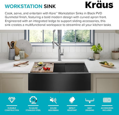 KRAUS Kore Workstation 33-inch Farmhouse Modern Flat Apron Front 16 Gauge Black - Image 3