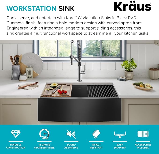 KRAUS Kore Workstation 33-inch Farmhouse Apron Front 16 Gauge Black Stainless - Image 3