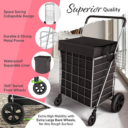 Shopping Cart w/Waterproof Basket Liner & 360° Swivel Wheels | Foldable - Image 3