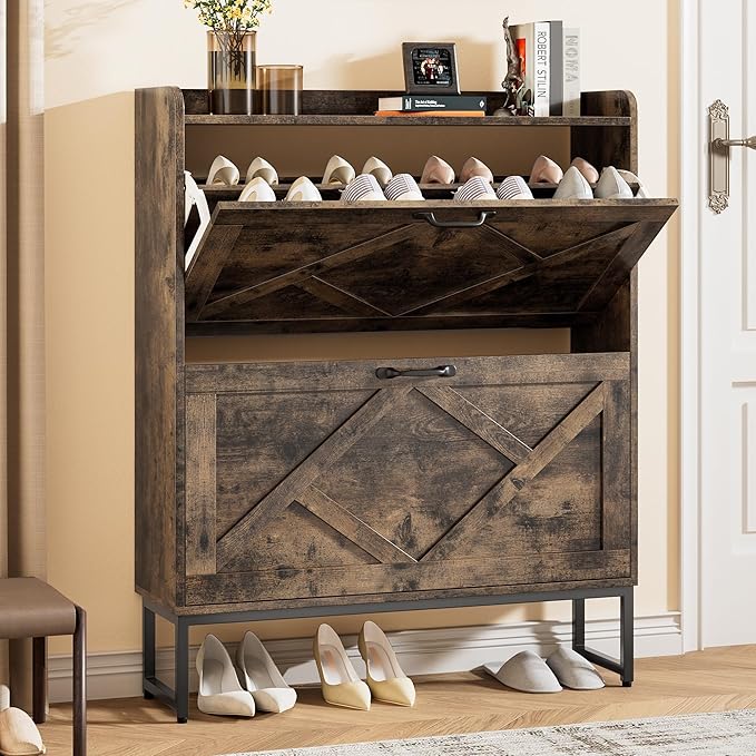 Nicetree Shoe Cabinet with 2 Flip Drawers, Entryway Organizer, Chestnut | Slim by Nicetree