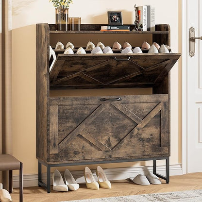 Nicetree Shoe Cabinet with 2 Flip Drawers, Entryway Organizer, Chestnut | Slim by Nicetree