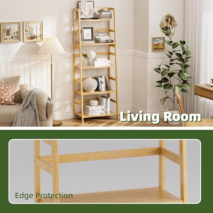 Ladder Shelf, 5-Tier Bookshelf, All Bamboo Heavy Duty Bookcase, Freestanding - Image 6