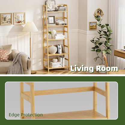 Ladder Shelf, 5-Tier Bookshelf, All Bamboo Heavy Duty Bookcase, Freestanding - Image 6