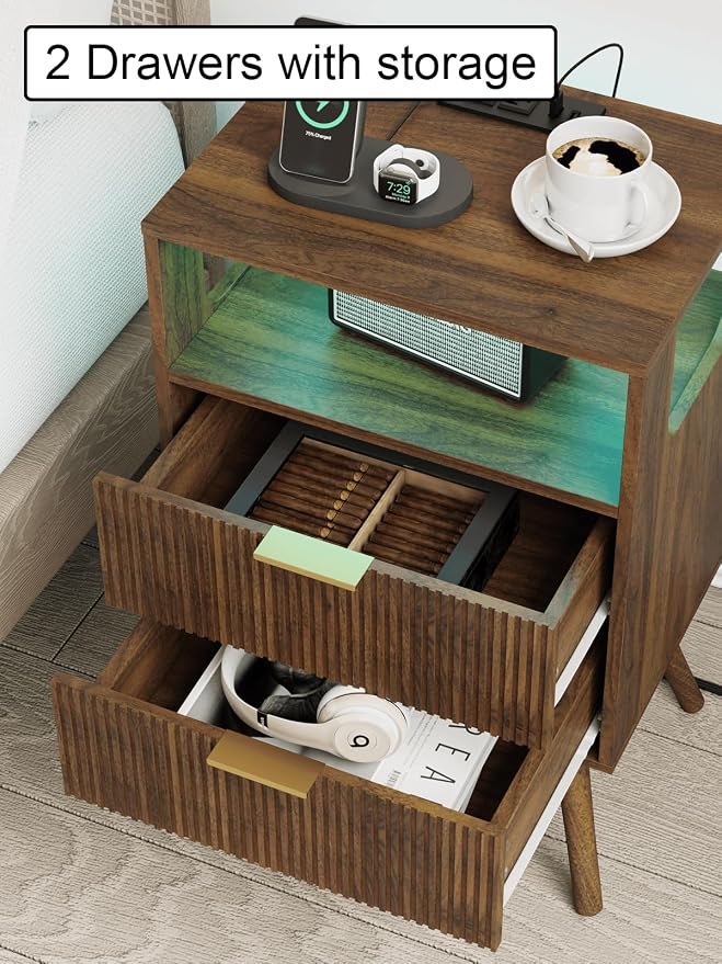 Nightstand with Charging Station and LED Lights, Modern Bedside Table with 2 - Image 7