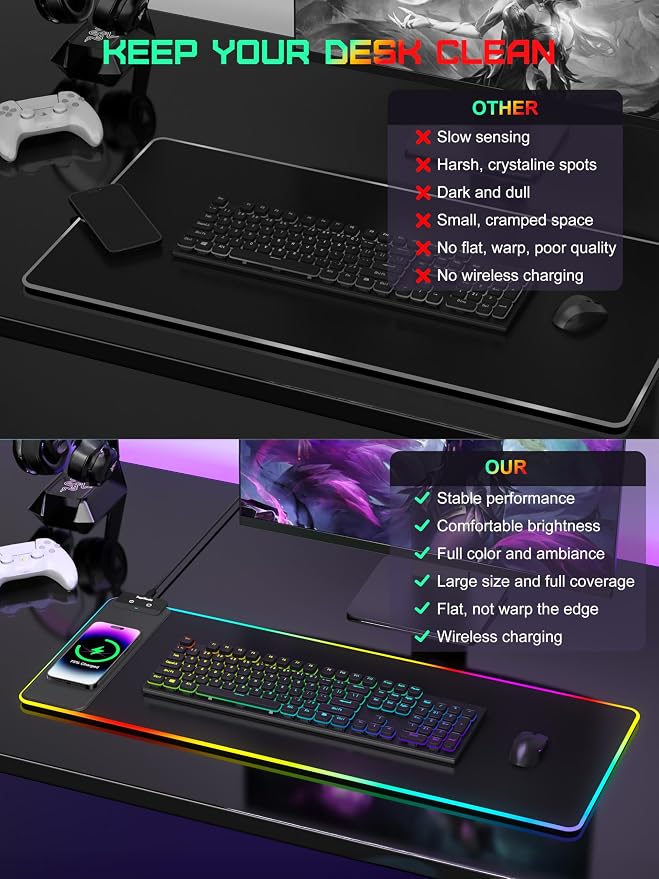 TopMade Mouse Pad with Wireless Charging, 31.5" x 11.81" Large Desk Mat RGB - Image 7