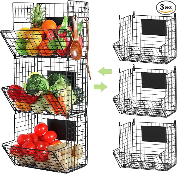 X-cosrack Metal Wire Basket Wall Mount, 3 Tier Wall Storage Basket Organizer by X-cosrack