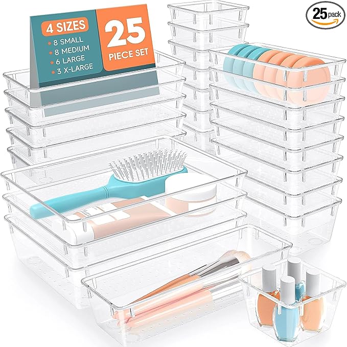 25 PCS Plastic Drawer Organizer Set, 4-Size Versatile Organizer Trays & storage by SpaceHacks