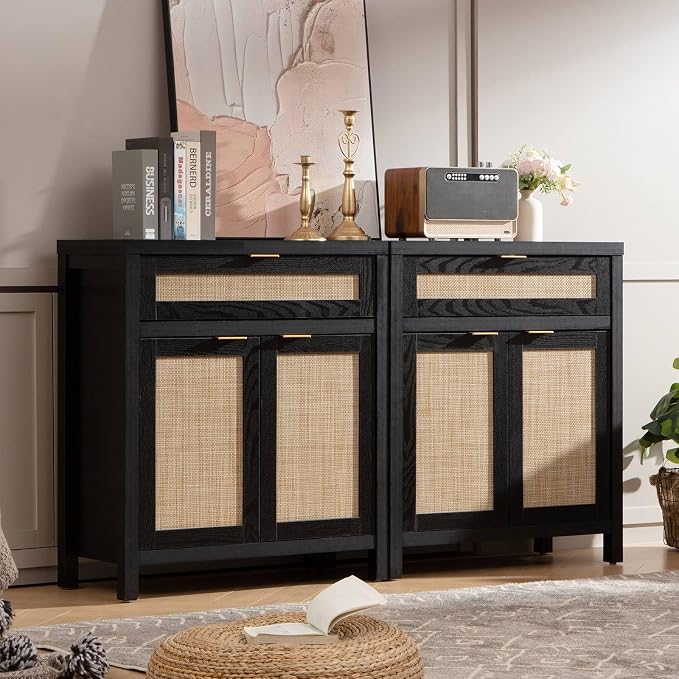 SICOTAS Sideboard Buffet Storage Cabinet Set of 2, Rattan Credenza Buffet Table - Image 2