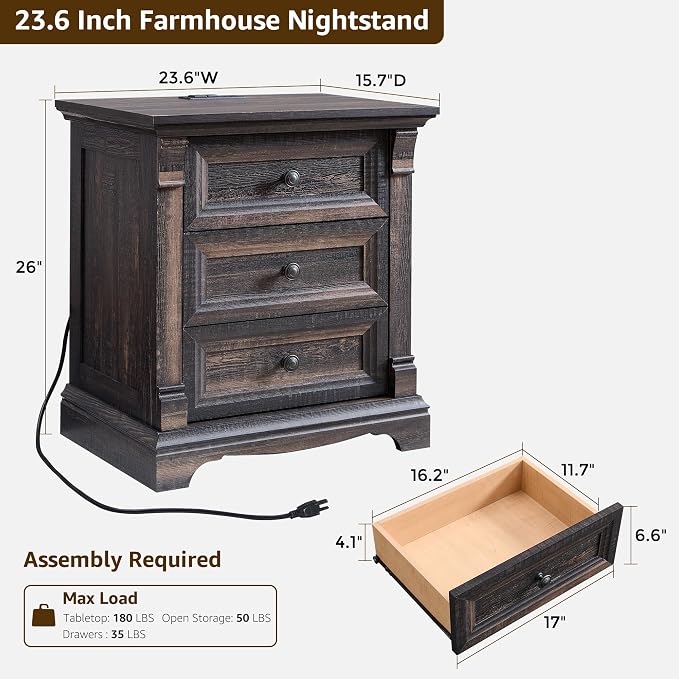 T4TREAM 24" Wide 3 Drawer Dressers, Farmhouse 26" Tall Bedside Side Table - Image 2