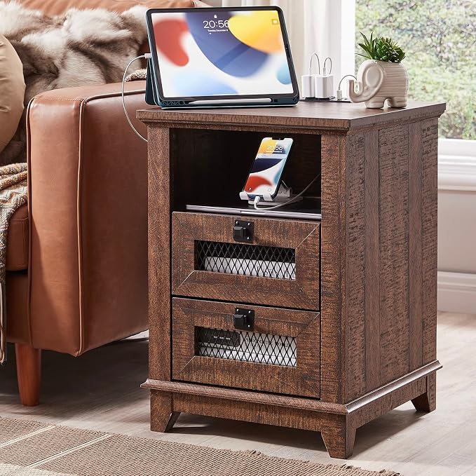 Nightstand with Charging Station, OKD 18'' Industrial & Farmhouse End Table by OKD
