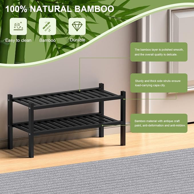 2 Tier Bamboo Shoe Rack for Closet Free Standing Wood Shoe Shelf for Entryway - Image 6