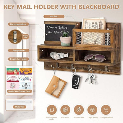 Key Holder Wall Mount, Wooden Mail and Key Organizer - Image 4