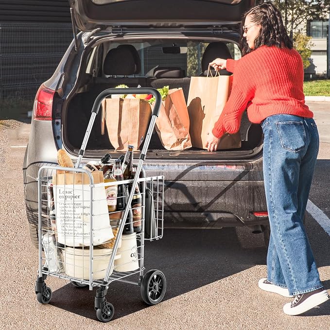 Goplus Folding Shopping Utility Cart, Double Basket and 360° Swivel Wheels - Image 2